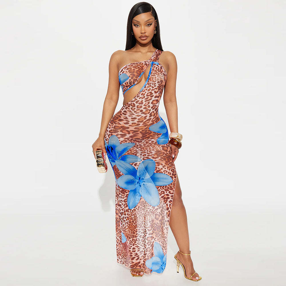 Women's One-Shoulder Mesh Floral Cutout Dress