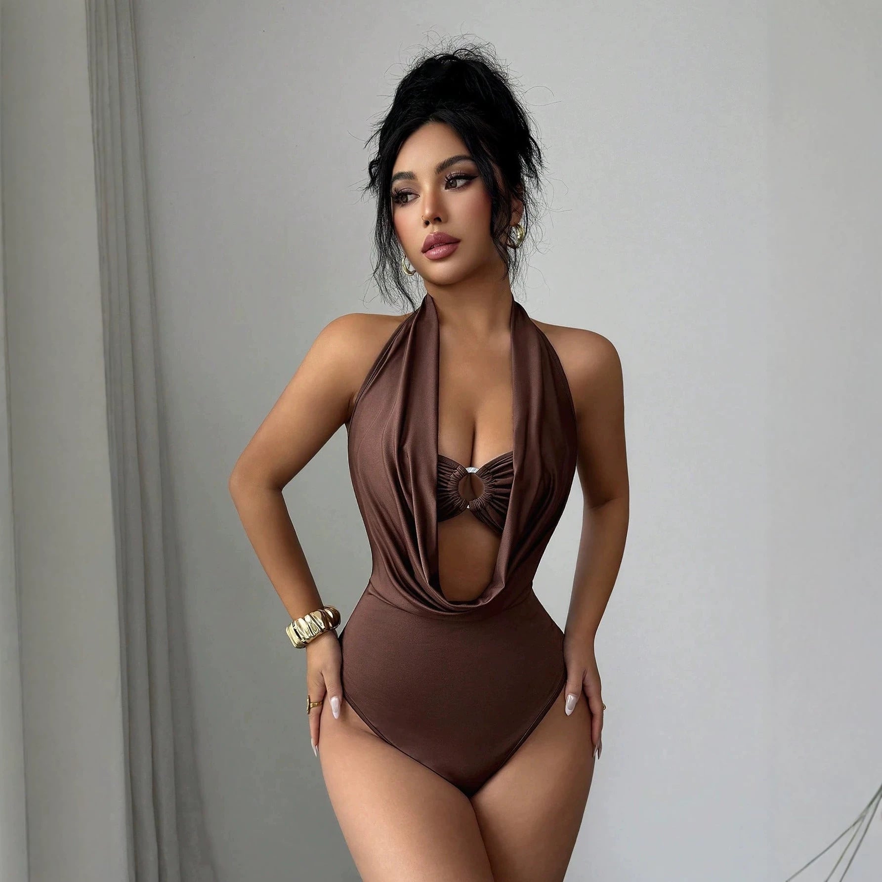 Summer Sexy Halter Deep V Plunge neck Ring Hollow Out CO