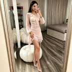 Women's Mesh Ruffled Long-Sleeve Bodycon Mini Dress