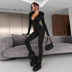 Autumn Winter Slim Fit Hood Long Sleeve Zipper Solid Color Hip