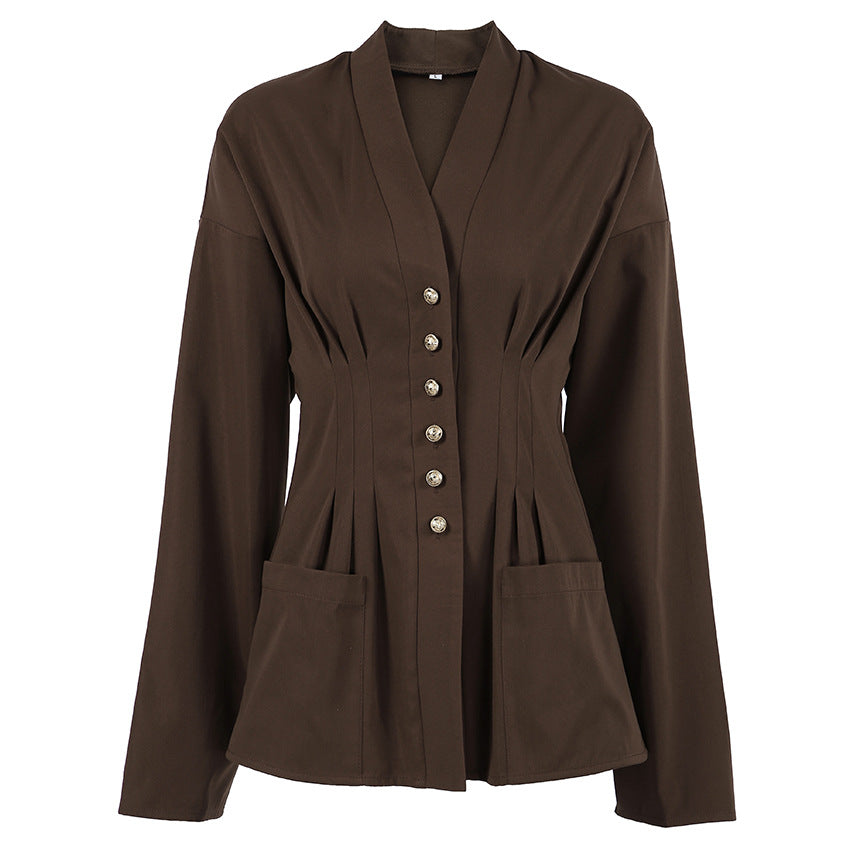 Women's Fit Waist Retro Pleated Slimming Cardigan Early Thin Coat