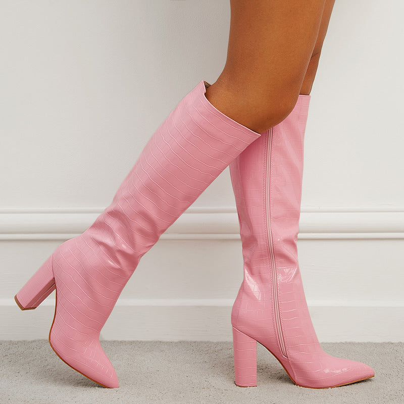 Women's Crocodile-Pattern Chunky-Heel Ankle Boots