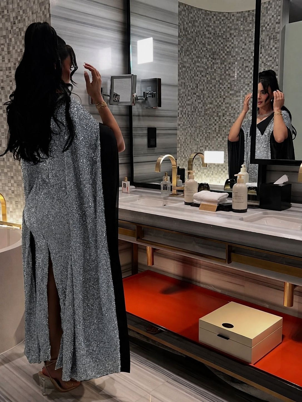 Women's Silver Black Stitching Sleeve Faux Two Piece Evening Dress Women Long Cocktail Dress Formal Dress