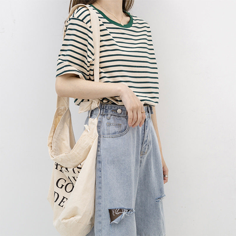 Women's Short Sleeved T Shirt Summer Thin Loose Cotton Green Striped T Shirt Women Top Clothes