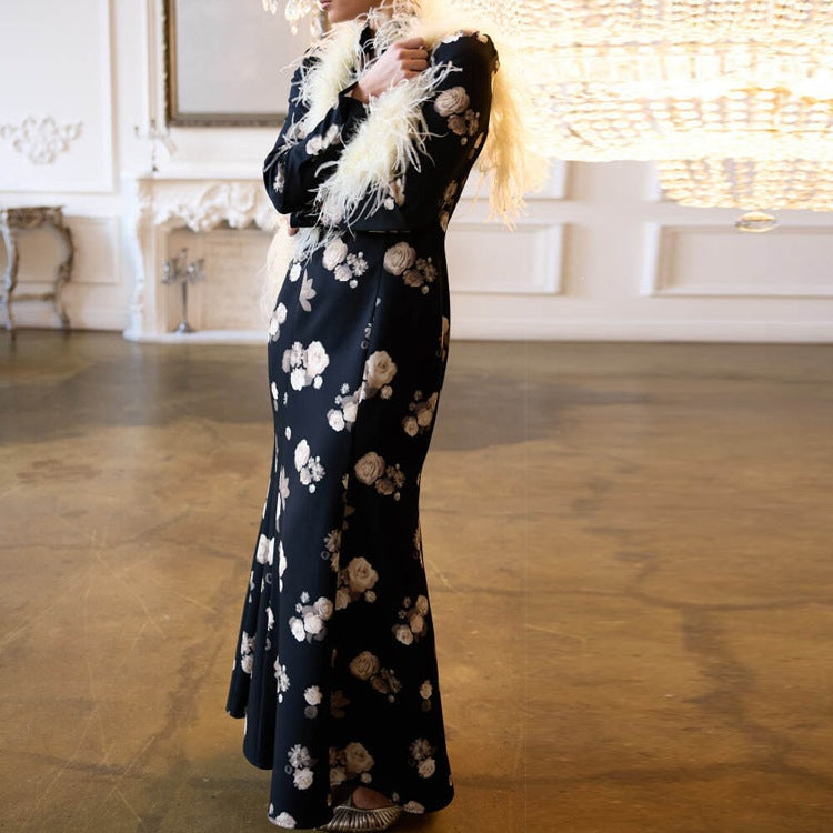 's Printed Stand Collar Long Sleeved Dress For Autumn Office High Waist Dress
