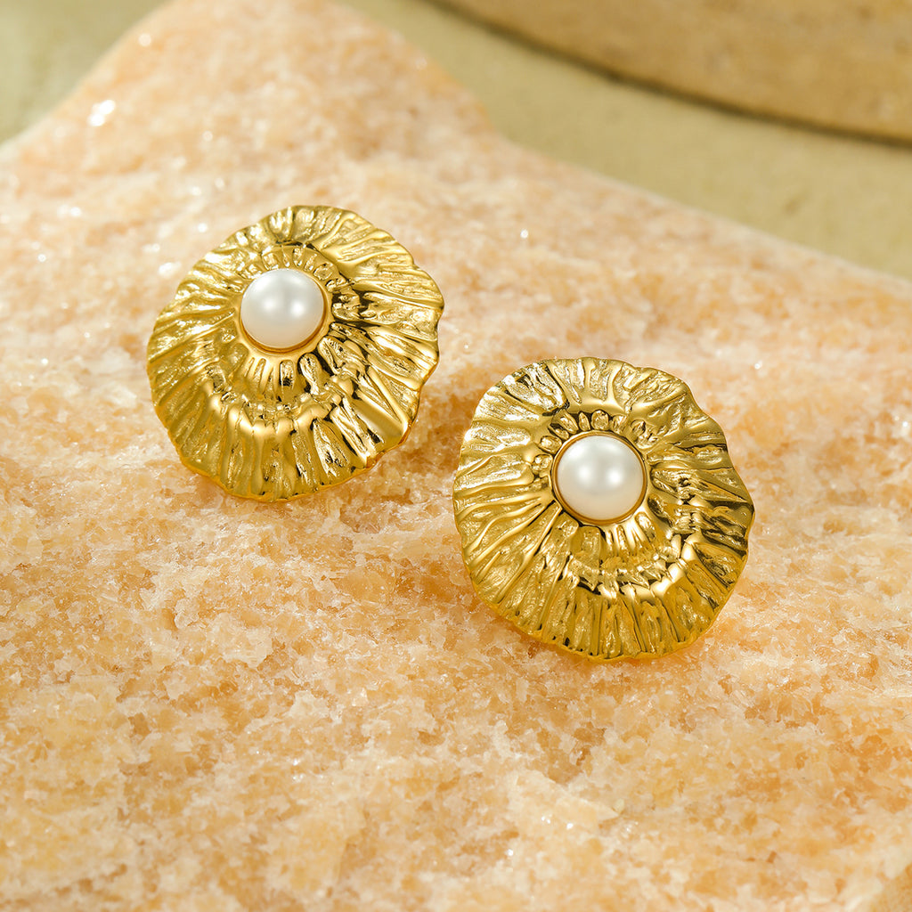 Simple Geometric Abstract Pleated Pearl Studs Delicate