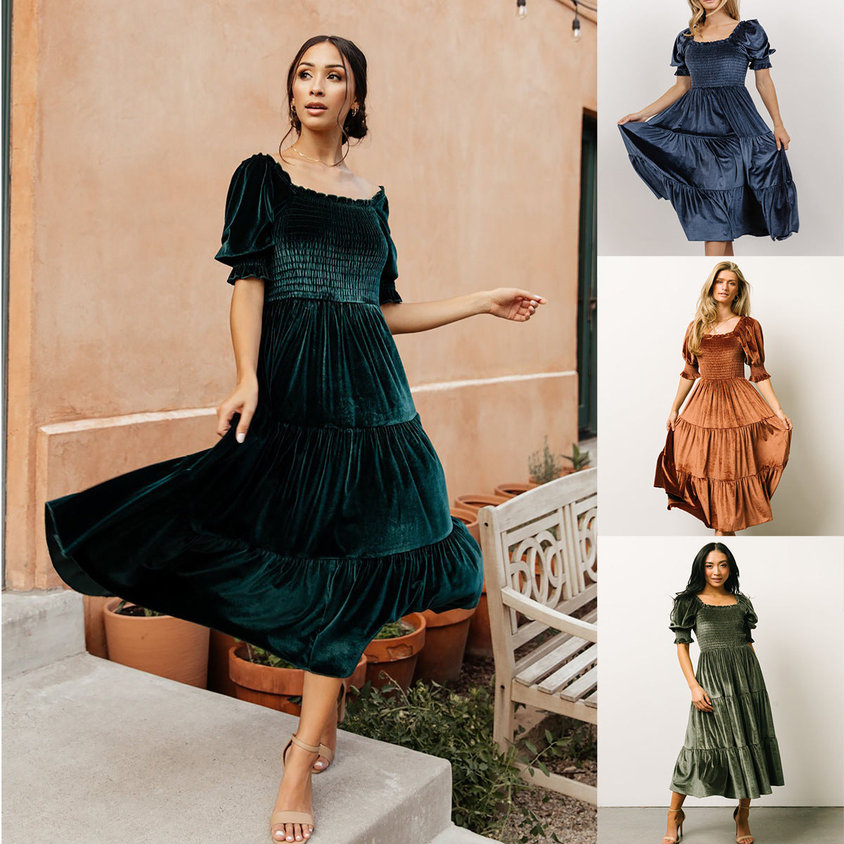 Women's Gold Velvet Ruffle Dress