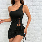 Women's Unilateral Sling Dress High Waist Skirt Two Piece Sets