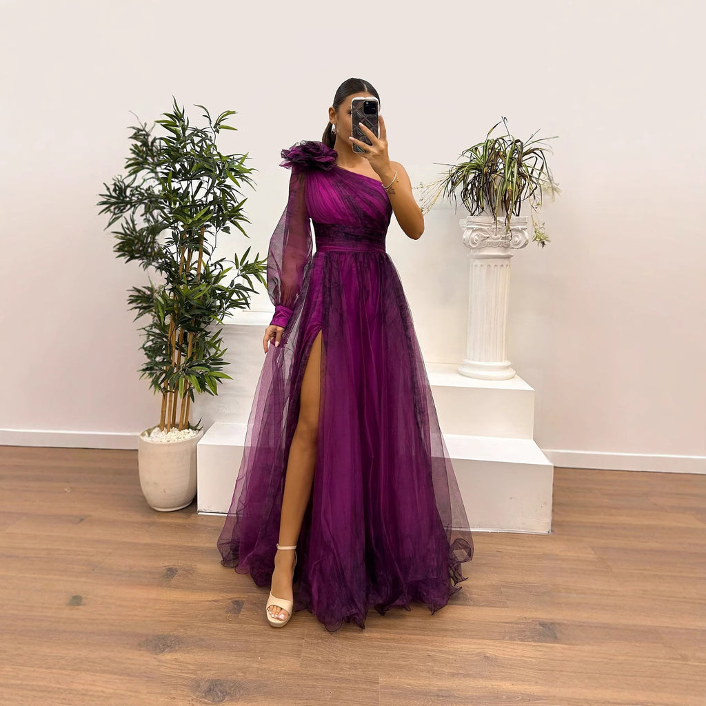 Women's One-Shoulder Floral Mesh Asymmetric Long-Sleeve A-Line Maxi Dress