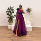 Women's One-Shoulder Floral Mesh Asymmetric Long-Sleeve A-Line Maxi Dress