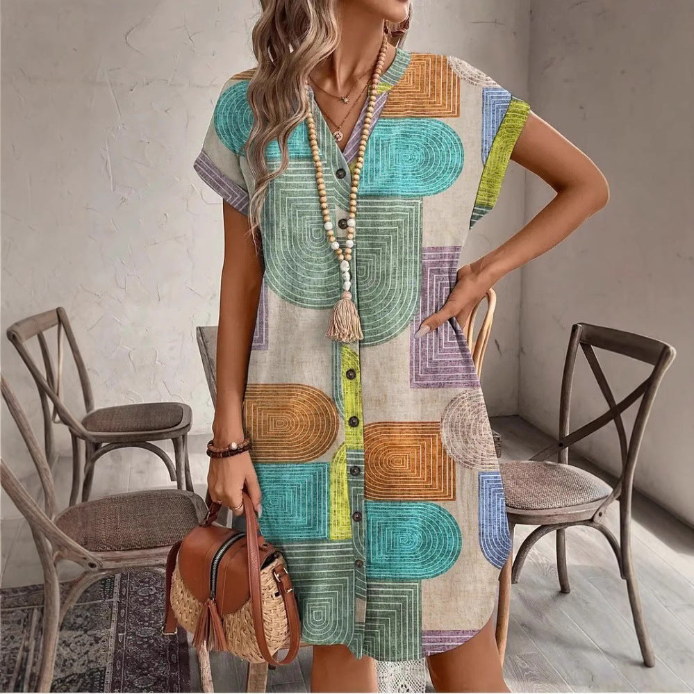 Summer Geometric Abstract Print Elegant V-Neck Button Sleeve Dress