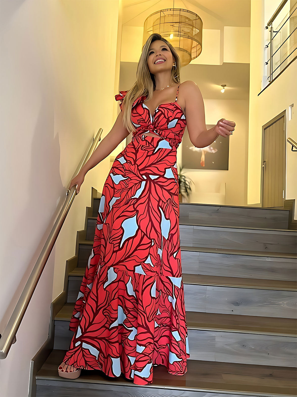 Women's Red Floral High-Waist Maxi Dress