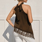 Women's Satin Halter Lace Asymmetric Top