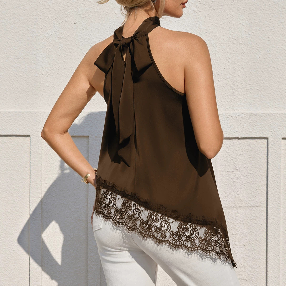 Women's Satin Halter Lace Asymmetric Top