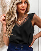 Women's Summer Lace Women Top Sleeveless Ruffled Women Clothing V-Neck Top
