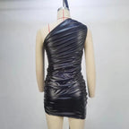 Faux-Leather One-Shoulder Asymmetric Bodycon Mini Dress