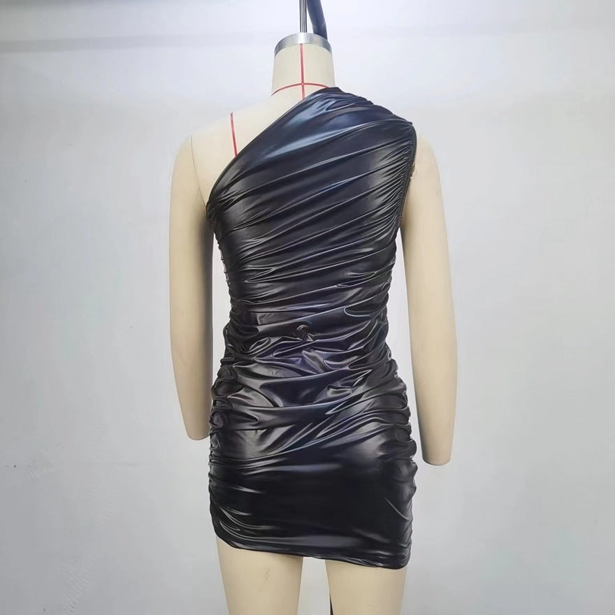 Faux-Leather One-Shoulder Asymmetric Bodycon Mini Dress