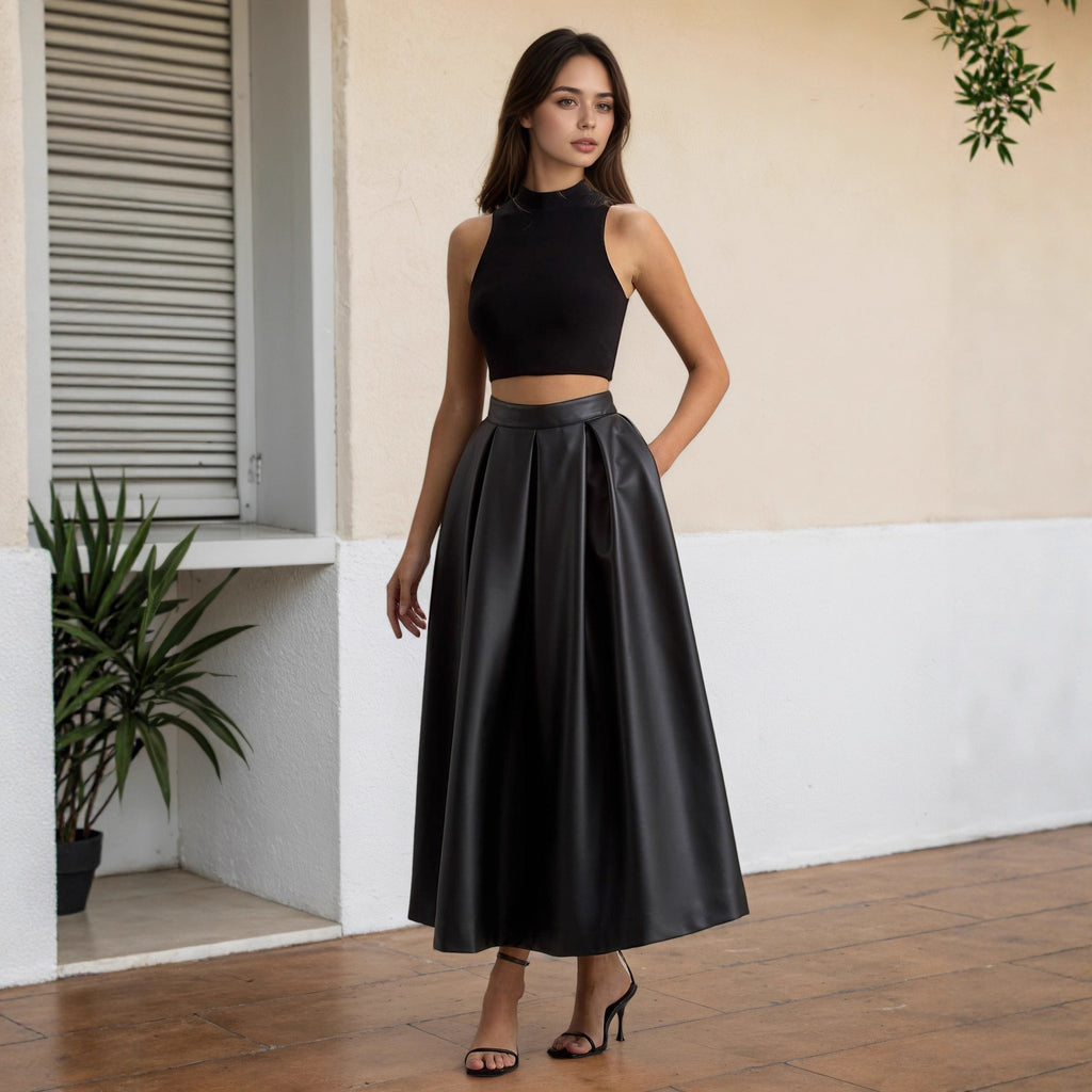 Large High Waist Umbrella Faux Leather Design A Line Skirt