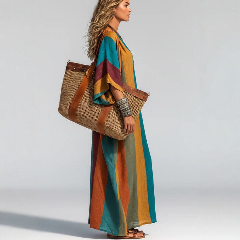 Women's Bohemian Striped V-Neck Midi Dress