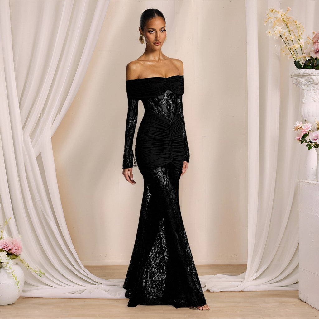 Women's Autumn Elegant Lace Stitching Off Shoulder Long Sleeve Narrow Dress Maxi Dress Women Evening Dress
