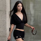 Summer Low Cut Deep V Plunge neck Solid Color Backless Lace-Up Half Sleeve