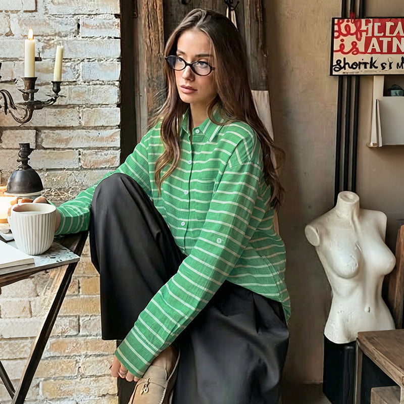 Women's Casual Fresh Air Polo Collar Stripes Shirt For Women
