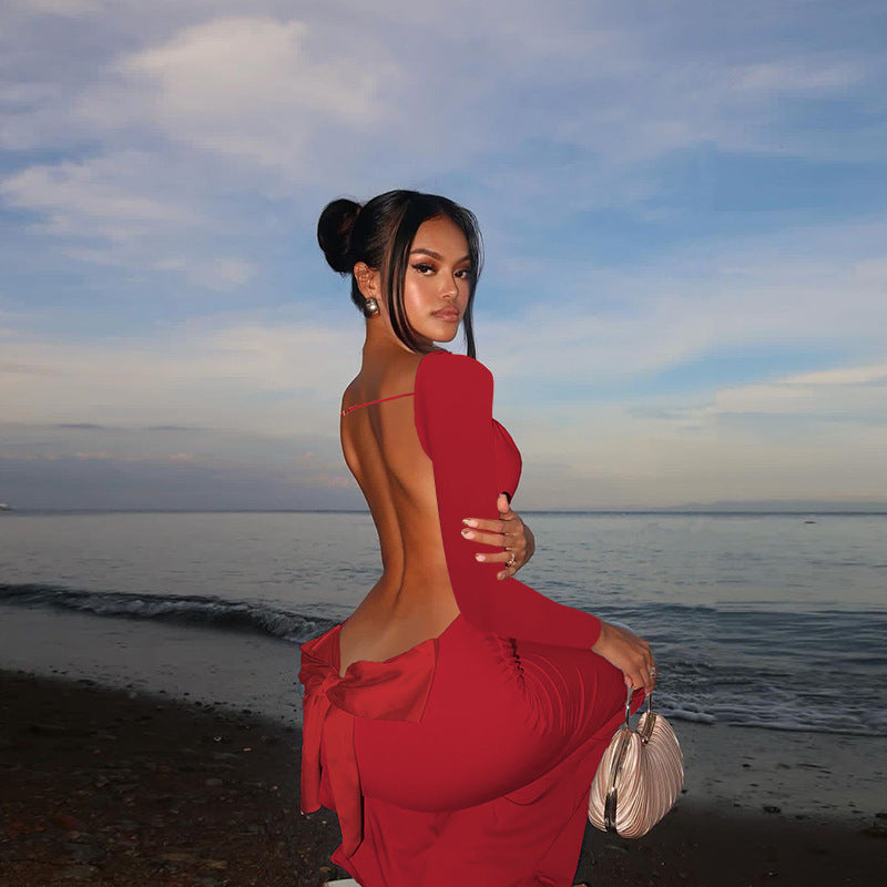 Holiday Long Sleeve Backless Bow Dress