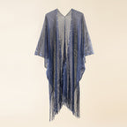 Navy pearl-embellished sheer poncho with V-neck and fringe tassels
