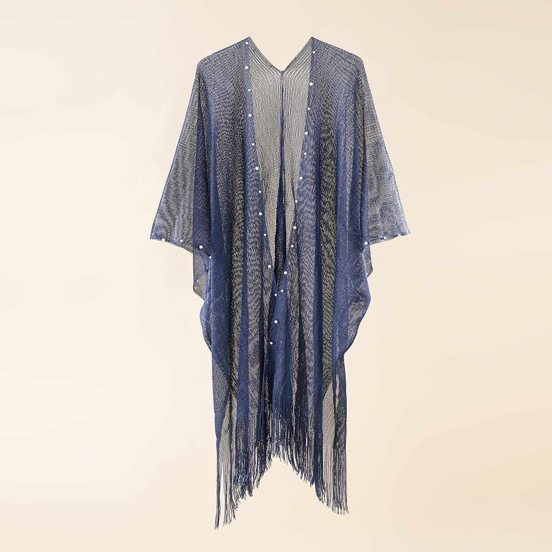 Navy pearl-embellished sheer poncho with V-neck and fringe tassels
