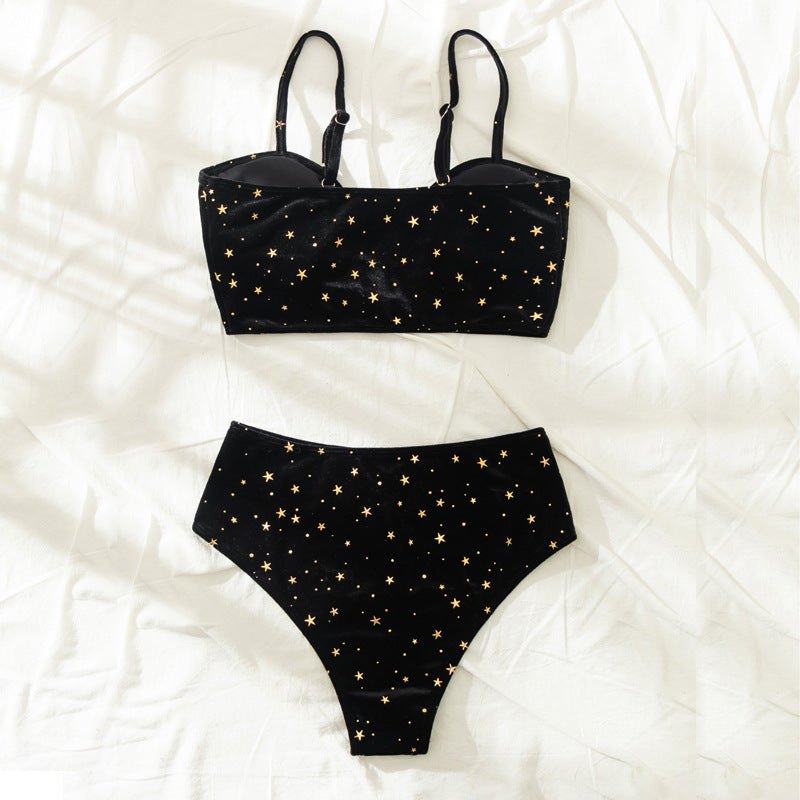 Black star-print bandeau bikini top and high-rise star briefs set with thin straps