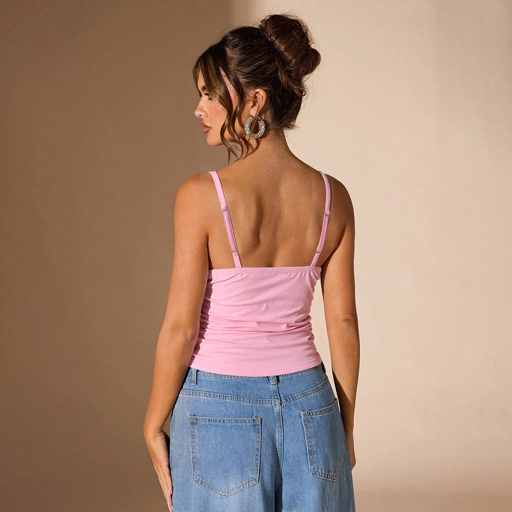 French Sweet Sexy Pink V Neck Slim Fit Short Spaghetti Strap Vest Inner Match
