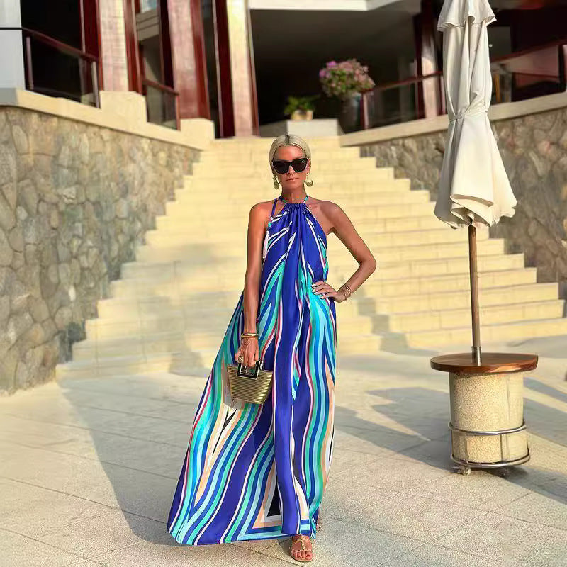 Tagram Mesh Red Printing Halter Maxi Dress