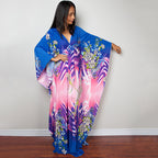 Blue and pink floral one-piece swim dress with V-neck and wide draped sleeves