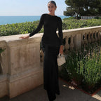 Fall round Neck Long Sleeve Fit Lace up Sheath Solid Color Dress