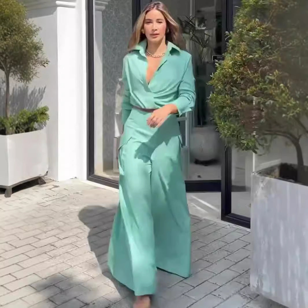 Elegant Long-Sleeve Top & Wide-Leg Pants Two-Piece Set