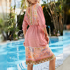 Women's Vacation Sexy Loose Four-Sided Elastic Positioning Printed V-Neck Short Sleeve Bohemian Dress