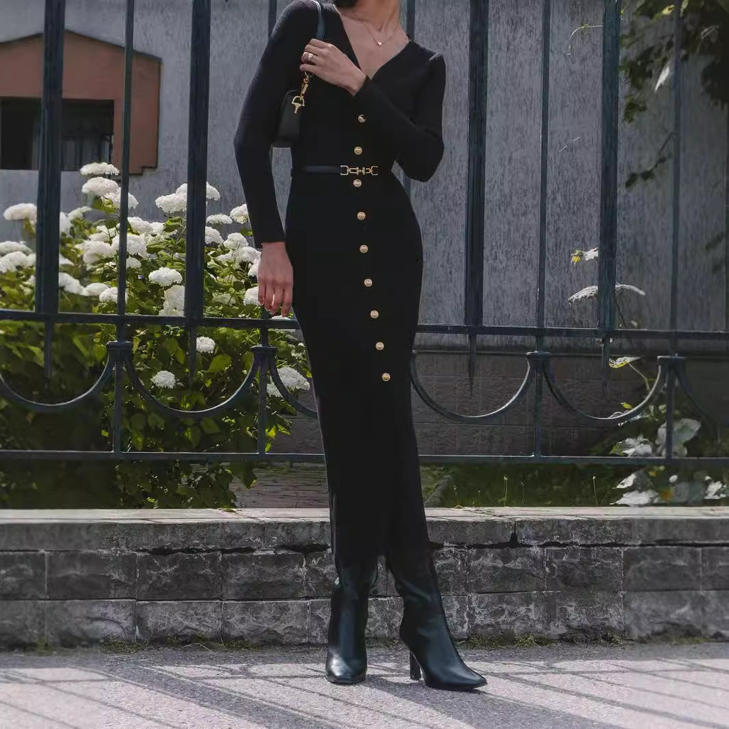 Autumn Winter Long Sleeve Knitted Dress Button Split Russia Hip Wrapped Sw