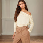 Women's Autumn Winter Long Sleeve Office Date Wear Match Niche Design Pleated Waist Tight One Shoulder Short Length Top For Women