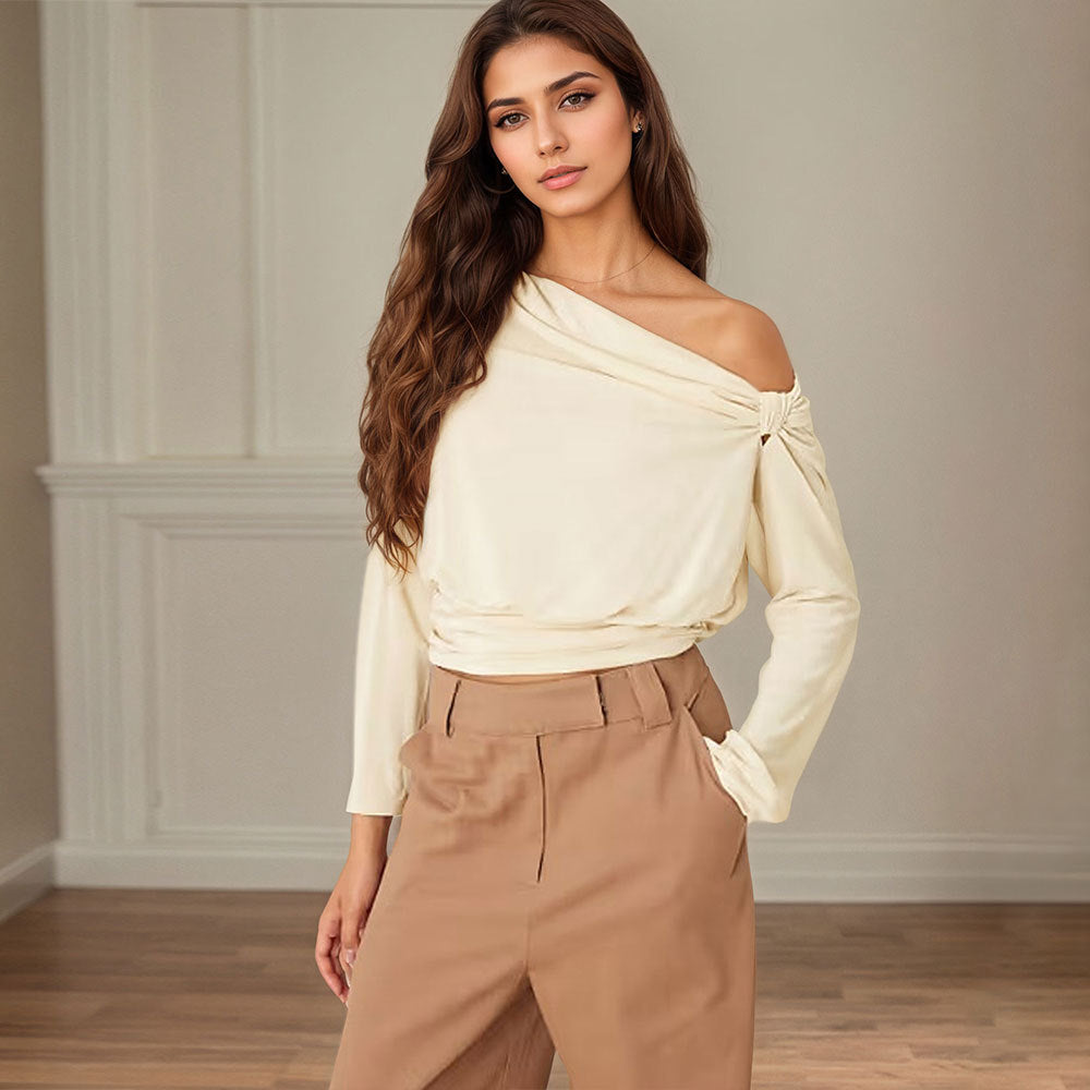 Women's Autumn Winter Long Sleeve Office Date Wear Match Niche Design Pleated Waist Tight One Shoulder Short Length Top For Women