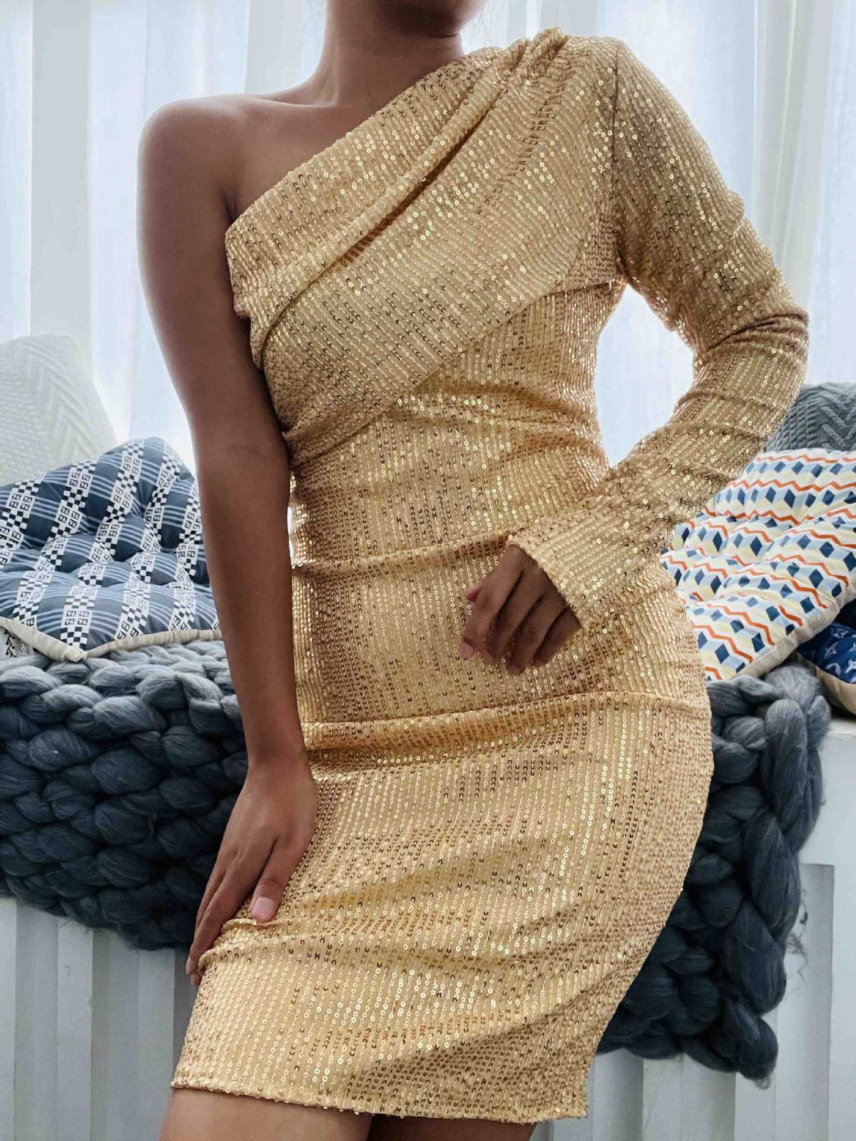 Women's Mid-Waist Midi Solid Color Office Sequined Pullover Dress