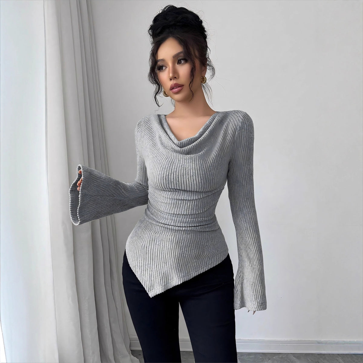 Women’s Black Off Shoulder Ribbed Long Sleeve Top