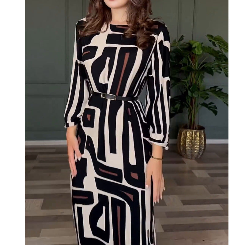 Women's Spring Summer High Sense Geometric Abstract Pattern Printing Elegant Graceful Women Dress