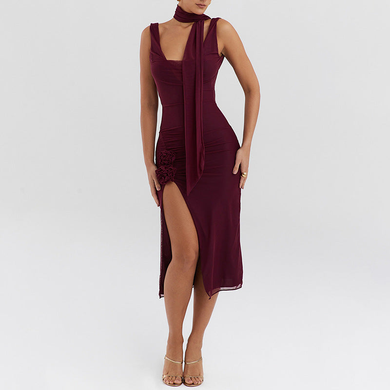 Women's Mesh Cowl-Neck Backless Split Bodycon Dress