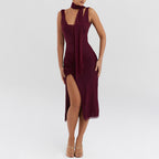 Women's Mesh Cowl-Neck Backless Split Bodycon Dress