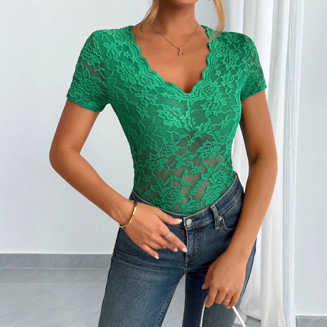 Women's Spring Summer Women Solid Color Sexy Lace V Neck Short Sleeve Lace Bottoming Shirt