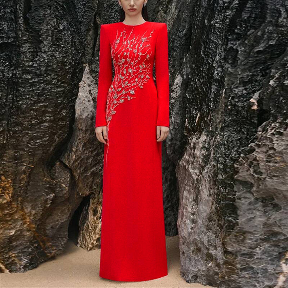 Women's Beaded Rhinestone Long-Sleeve Bandage Dress