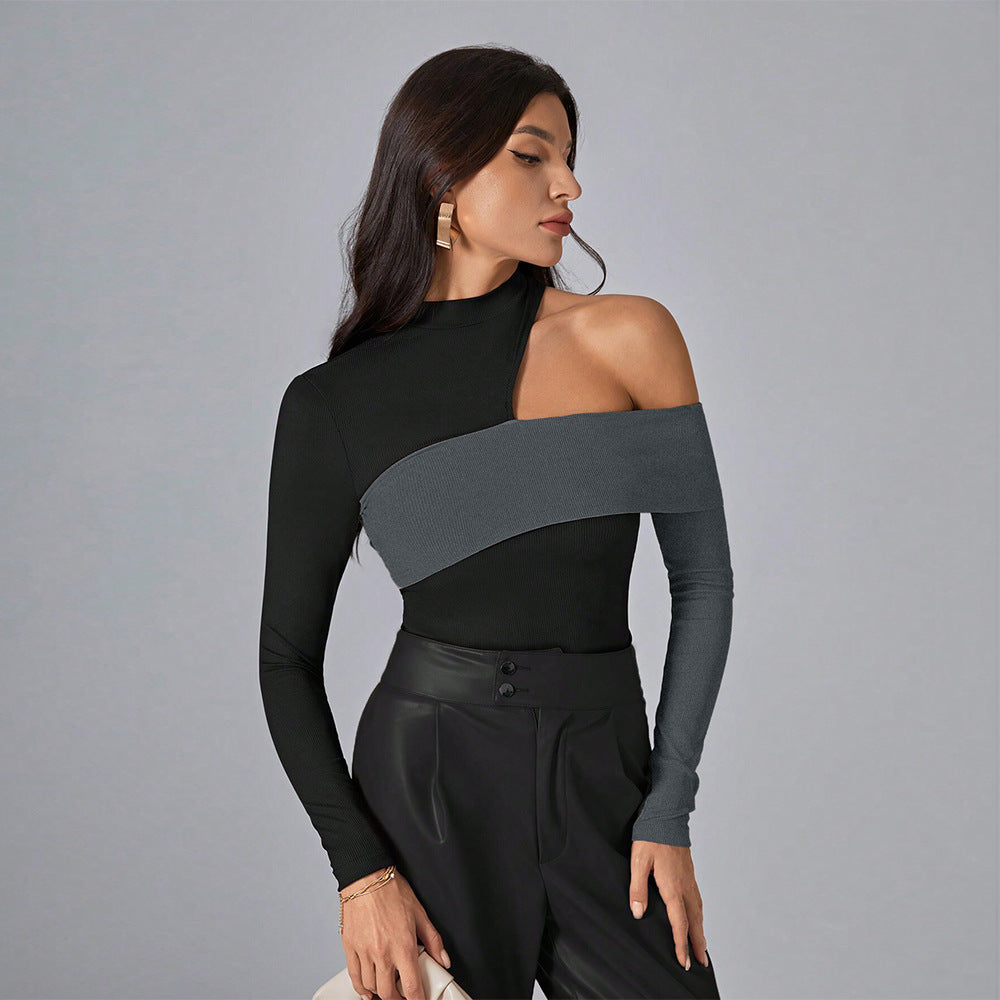 Women’s Black Asymmetric Color Block Mock Neck Top