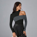 Women’s Black Asymmetric Color Block Mock Neck Top