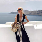 Women's Summer Color Matching Beach Dress Sexy Deep V Plunge Neck Lace Up Vacation Dress Cardigan Beach Cover Up