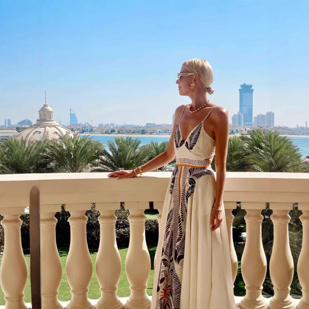 Women's Backless Self Tie Dress Printed V neck Dress